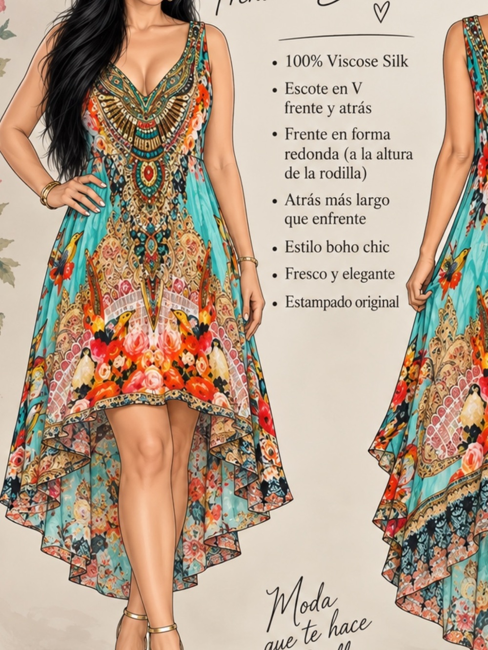 Boho V-Neck High-Low Dress in Turquoise Floral
